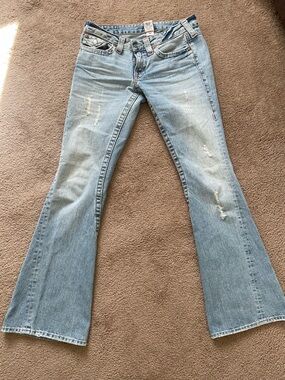 True Religion Women's Light Blue Distressed Flare Jeans